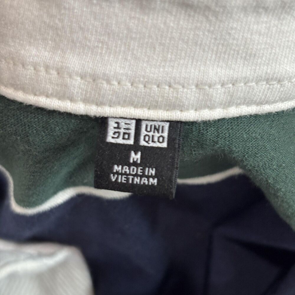 Uniqlo Rugby Polo Shirt Men's Medium Green Navy Striped 100% Cotton Casual Knit - Picture 7 of 9